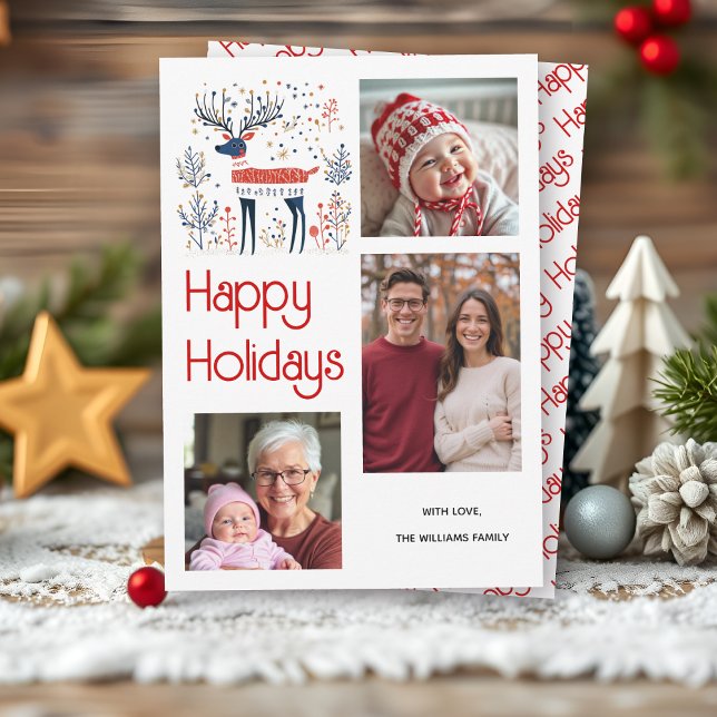 Cartes Pour Fêtes Annuelles Style scandinave cerf rouge bleu photo Noël (Créateur téléchargé)