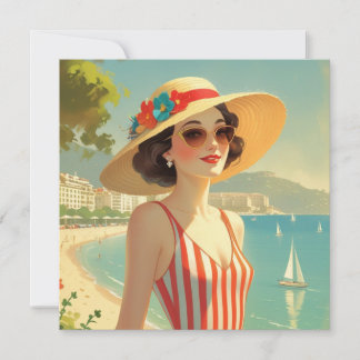 Cartes Pour Fêtes Annuelles Style vintage Côte d'Azur Beach Girl