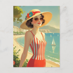 Cartes Pour Fêtes Annuelles Style vintage Côte d'Azur Beach Girl