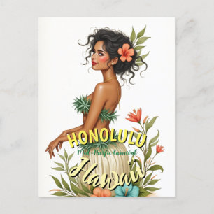 Cartes Pour Fêtes Annuelles Style vintage Hawaii Voyage Honolulu Hula Girl