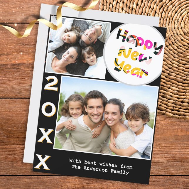 Cartes Pour Fêtes Annuelles Stylish 2 Photos Bonne Année Personnalisée (A stylish card with 'Happy New Year' greeting, to personalize with 2 photos, year number and name(s))
