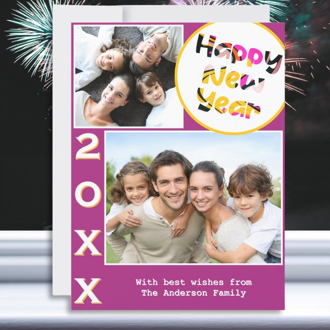 Cartes Pour Fêtes Annuelles Stylish 2 Photos Rose Bonne Année (A card with Happy New Year greeting, with custom photos, message and year number)