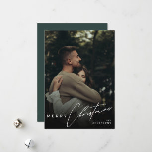 Cartes Pour Fêtes Annuelles Stylish Script Minimaliste 1 Photo Vert Noël