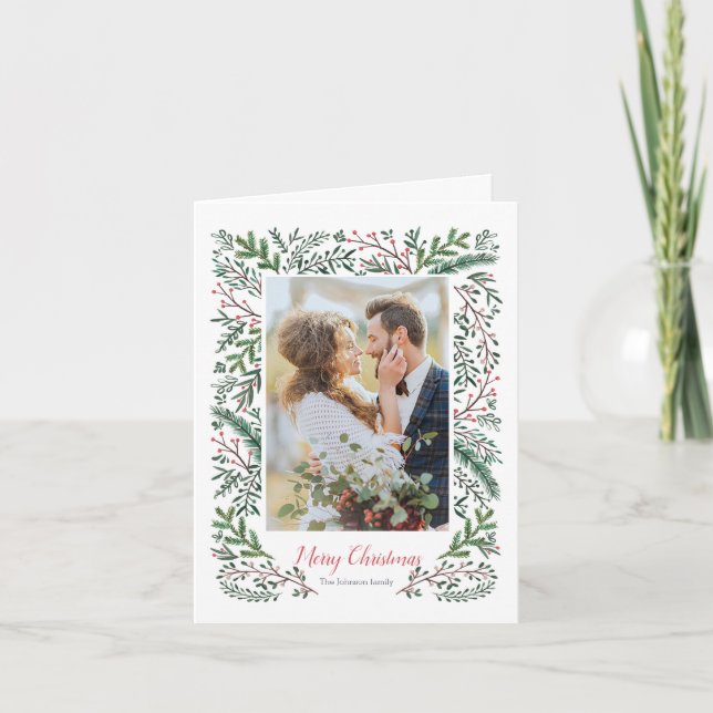 Cartes Pour Fêtes Annuelles Stylo Noël rouge Pine verte verte couronne photo (Devant)