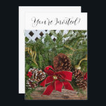 Cartes Pour Fêtes Annuelles Succursales À feuillage persistant de pin de Noël<br><div class="desc">Invitation de Noël. Festive pince à aiguilles de pin à feuillage persistant avec cônes de pin,  bois rond et arc rouge,  cloche dorée et baies rouges. Backside a des détails de fête. Élégante typographie en noir,  rouge et vert. Photographie originale Design par TamiraZDesigns.</div>