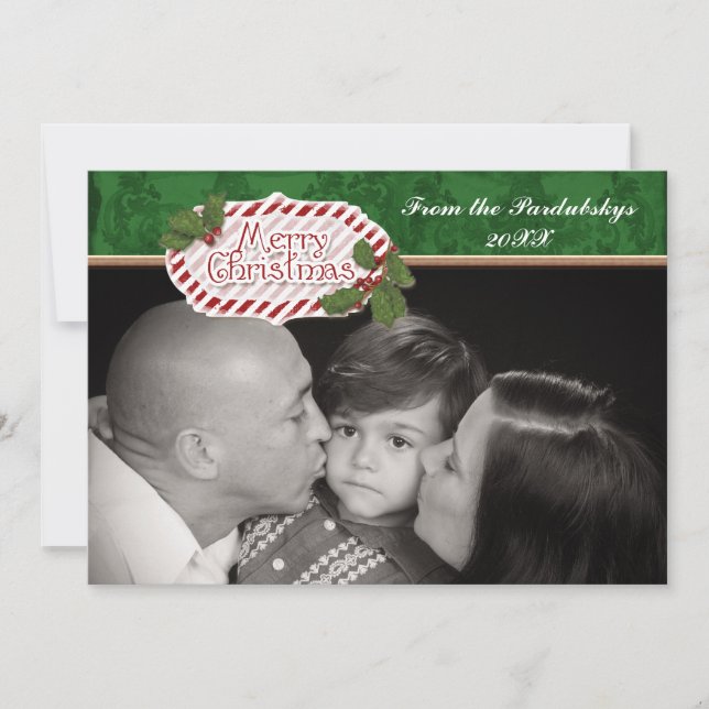 Cartes Pour Fêtes Annuelles Sucre de canne Damas de Noël Stried Holly Card (Devant)