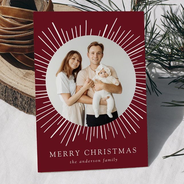 Cartes Pour Fêtes Annuelles Sunburst de Bourgogne moderne Joyeux Noël 2 Photo (Créateur téléchargé)