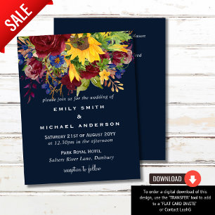 Cartes Pour Fêtes Annuelles Sunflowers Marine Bleu Bourgogne Roses de mariage 
