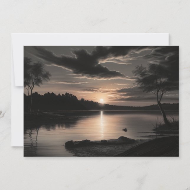 Cartes Pour Fêtes Annuelles Sunset Sunrise Glassy Lake Charcoal Pencil Art (Devant)
