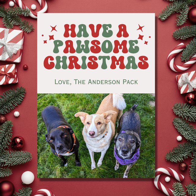 Cartes Pour Fêtes Annuelles Super Retro Chien Photo Pawsome Noël (Créateur téléchargé)
