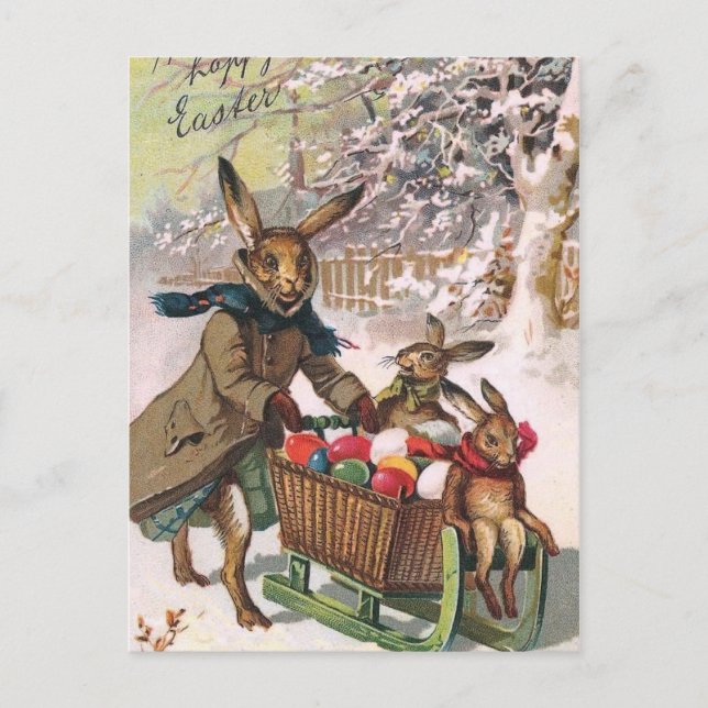 Cartes Pour Fêtes Annuelles Superbe Lapin De Neige Délivrant Des Oeufs De Pâqu (Devant)
