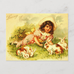 Cartes Pour Fêtes Annuelles Superbe Victorian Girl Pâques Bunnies PostCard