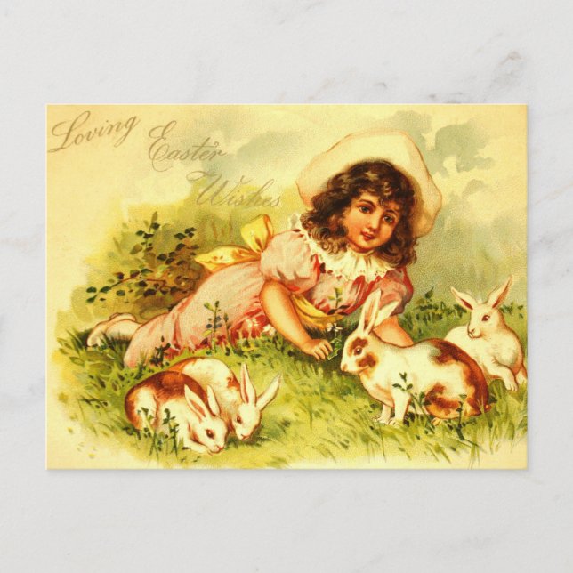Cartes Pour Fêtes Annuelles Superbe Victorian Girl Pâques Bunnies PostCard (Devant)