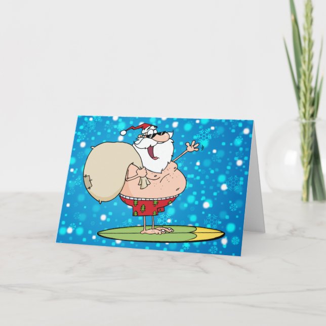 Cartes Pour Fêtes Annuelles surf père Noël avec sac de jouets (Devant)