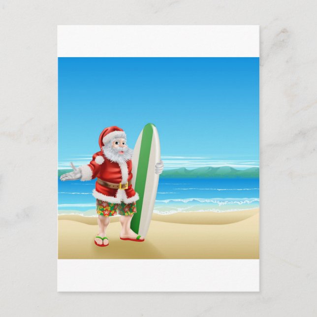 Cartes Pour Fêtes Annuelles Surf Père Noël sur la plage (Devant)