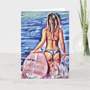 CARTES POUR FÊTES ANNUELLES SURFER GIRL BIKINI G-STRING BLANK CARD