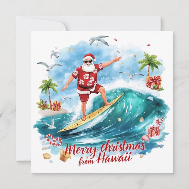 Cartes Pour Fêtes Annuelles Surfing Santa in Hawaii – Tropical Christmas  (Devant)