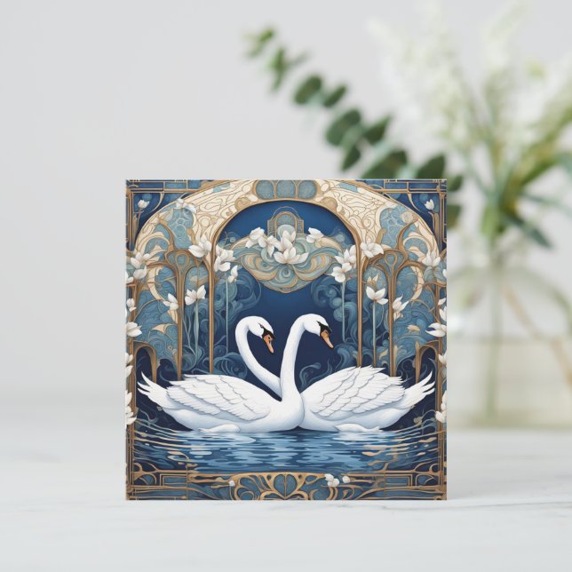 Cartes Pour Fêtes Annuelles Swan Couple Art Nouveau Bird Art Déco Bleu (Debout devant)