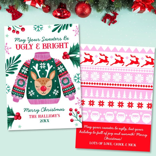 Cartes Pour Fêtes Annuelles Sweat moche avec rennes rouge et vert (Ugly Sweater with Reindeer Red and Green Holiday Card)