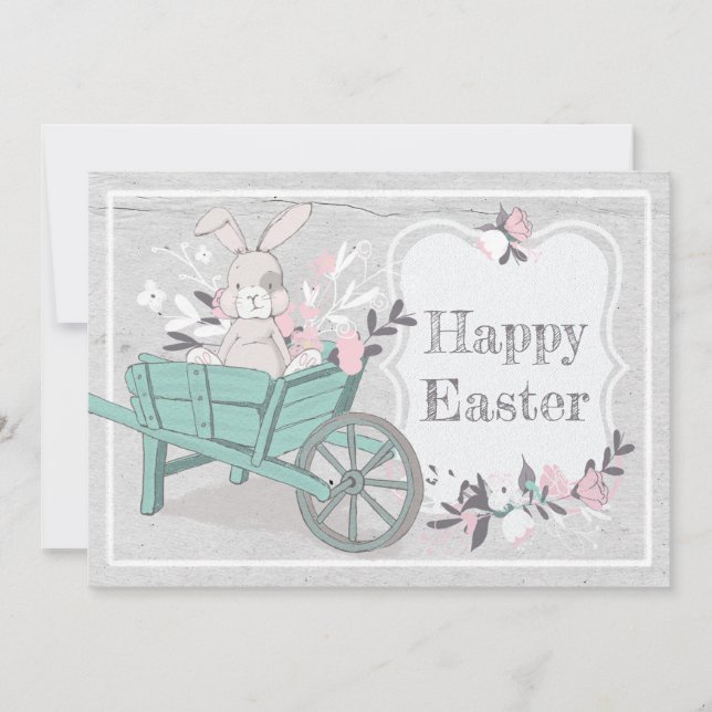 Cartes Pour Fêtes Annuelles Sweet Rustic Wheelbarrow Bunny Photo Pâques (Devant)