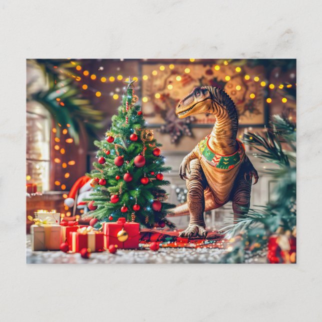 Cartes Pour Fêtes Annuelles T-Rex fête Noël par arbre (Devant)