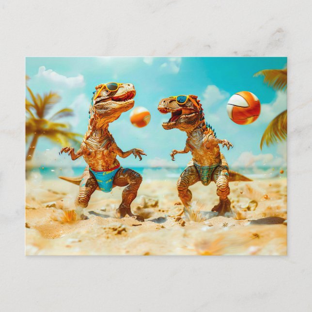 Cartes Pour Fêtes Annuelles T-Rex jouant au bal sur la plage (Devant)