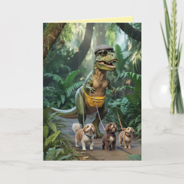 Cartes Pour Fêtes Annuelles T-Rex Walkin' the Dog Card (Devant)