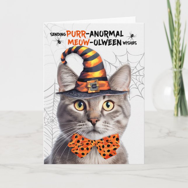 Cartes Pour Fêtes Annuelles Tabby Argent Halloween Chat PURRanormal MEOWolween (Devant)