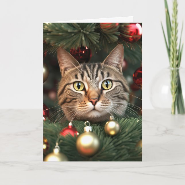 Cartes Pour Fêtes Annuelles Tabby Chat Dans Un Arbre De Noël (Devant)