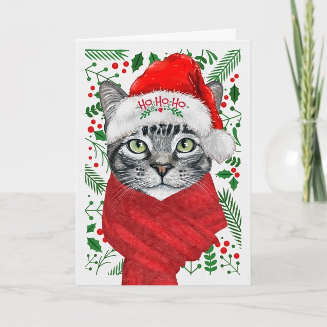Cartes Pour Fêtes Annuelles Tabby en argent dans un Noël Meowy de Santa Hat (Devant)