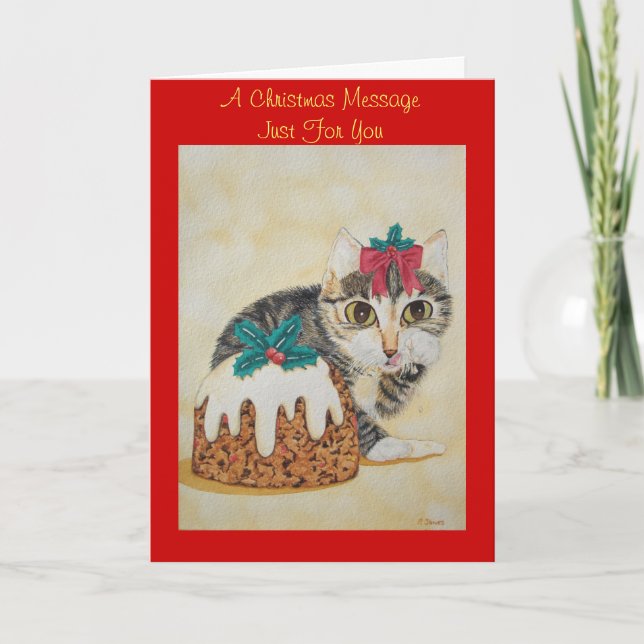 Cartes Pour Fêtes Annuelles tabby gris chaton mignon lécher patte noël (Devant)