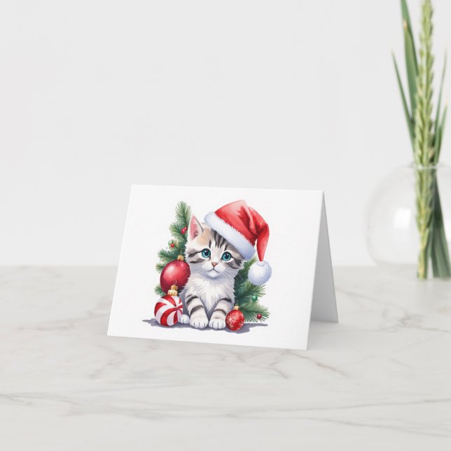 Cartes Pour Fêtes Annuelles Tabby gris et blanc Père Noël Kitten BLANC (Devant)