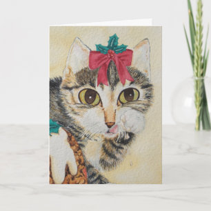 Cartes Pour Fêtes Annuelles tabby gris mignon chaton lécher patte chat de noël