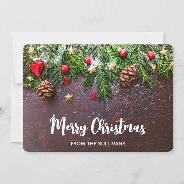 Cartes Pour Fêtes Annuelles Table de Noël rustique avec pin et neige (Devant)