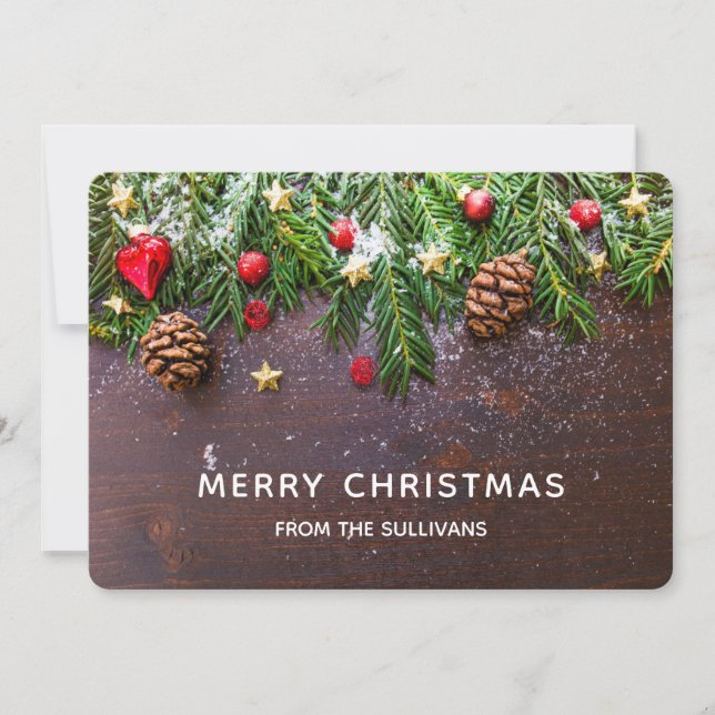 Cartes Pour Fêtes Annuelles Table de Noël rustique avec pin et neige (Devant)