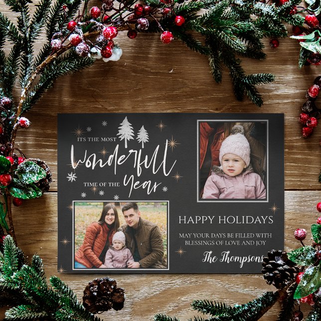 Cartes Pour Fêtes Annuelles Tableau de bord le plus merveilleux temps de l'ann (Chalkboard Most Wonderful Time Of the Year 2 Photo Holiday Card)