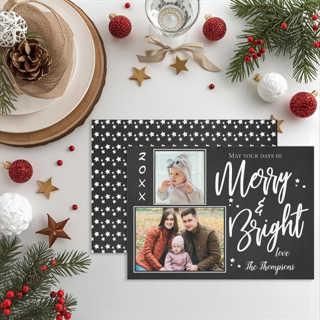 Cartes Pour Fêtes Annuelles Tableau de bord personnalisé MERRY et LUMINEUX Mul (Chalkboard Merry & Bright Multi-Photo Christmas Holiday Card)