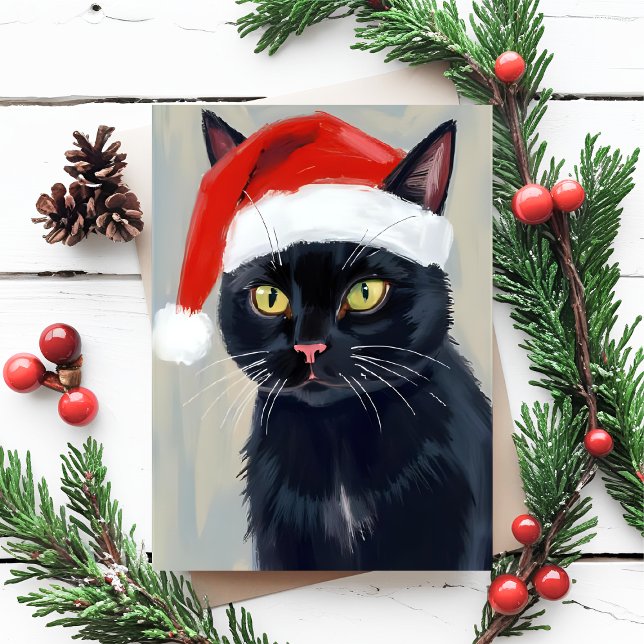 Cartes Pour Fêtes Annuelles Tableau de Noël de chat noir Chapeau de Noël (Créateur téléchargé)