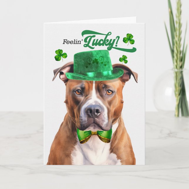 Cartes Pour Fêtes Annuelles Tan Pit Bull Dog Feelin' Lucky St Patrick's Day (Devant)