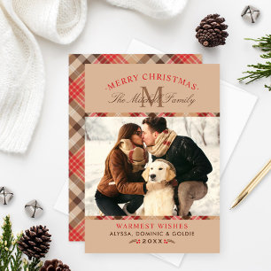 Cartes Pour Fêtes Annuelles Tan Tartan Rustique Plaid Monogramme de Noël Photo
