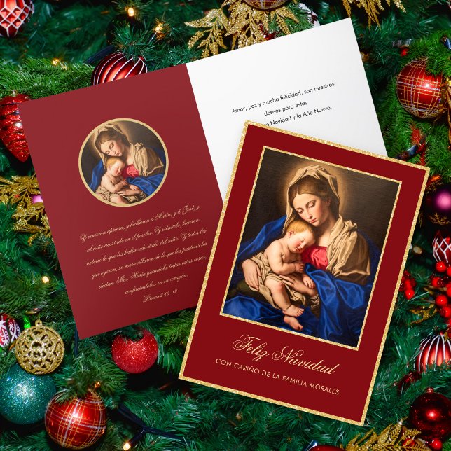 Cartes Pour Fêtes Annuelles Tarjeta de Navidad Virgen María y Jesús Noël (Tarjeta navideña religiosa roja y dorada en español con la Virgen y el Niño)