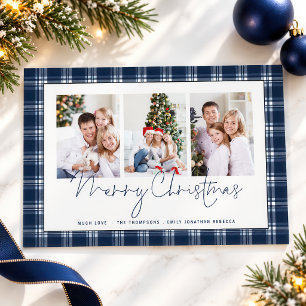 Cartes Pour Fêtes Annuelles Tartan à carreaux bleu marine 3 Photos Joyeux Noël