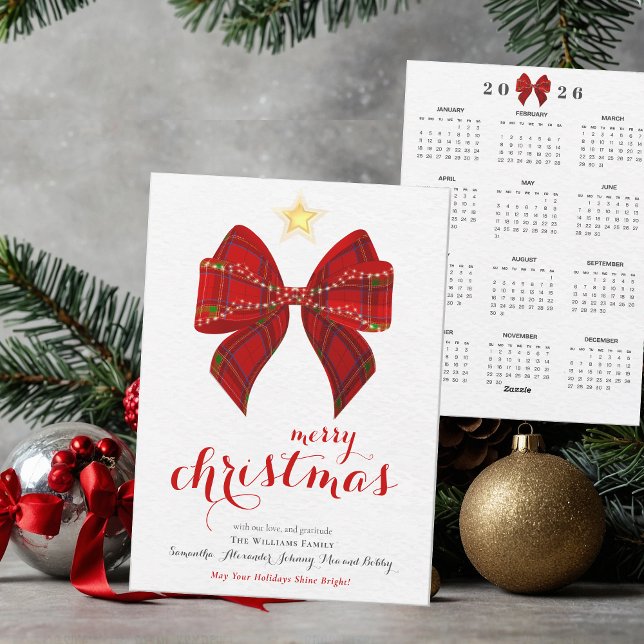 Cartes Pour Fêtes Annuelles Tartan Bow 2026 Calendrier Joyeux Calendrier de No (Red Elegant Tartan Bow 2026 Calendar Merry Christmas Keepsake Calendar Holiday Card)