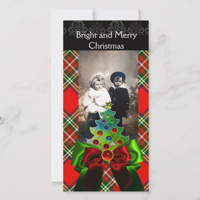 CARTES POUR FÊTES ANNUELLES TARTAN ÉCOSSAIS, ARBRE DE NOËL ET BOIS VERT ROUGE (Devant)