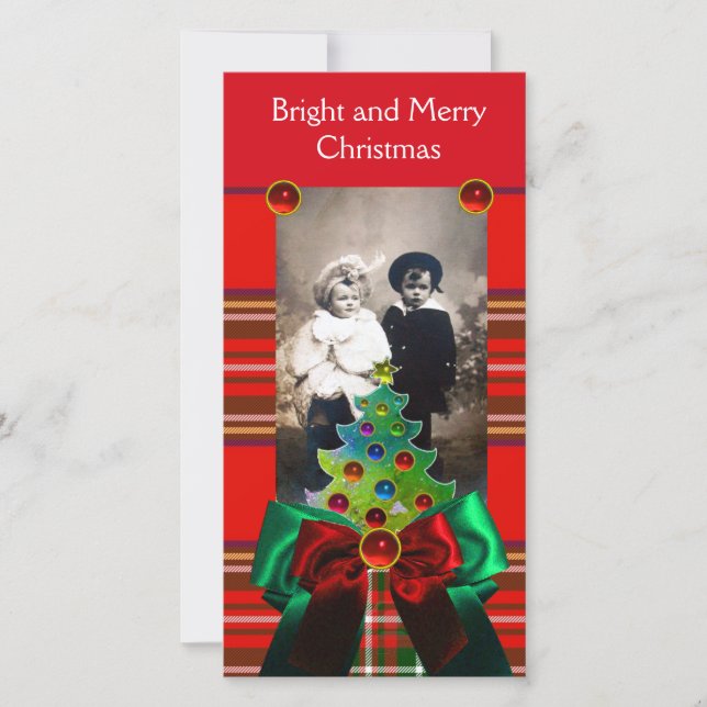 CARTES POUR FÊTES ANNUELLES TARTAN ÉCOSSAIS, ARBRE DE NOËL ET BOIS VERT ROUGE (Devant)