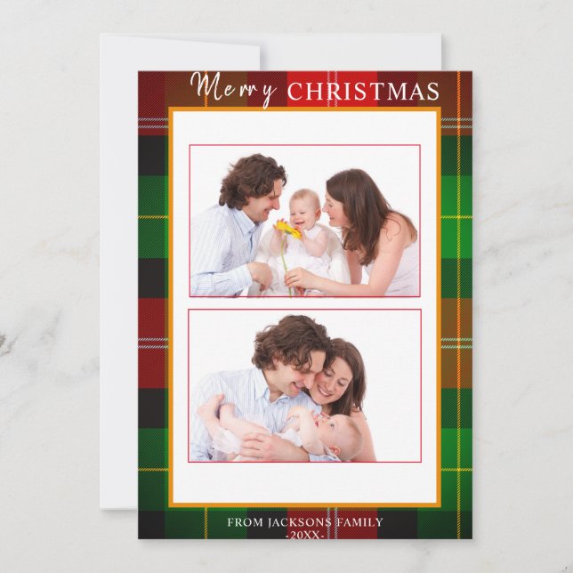 Cartes Pour Fêtes Annuelles Tartan Gold Frame Joyeux Noël 2 Photo (Devant)