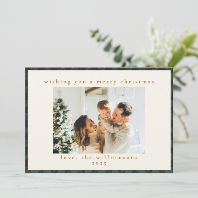 Cartes Pour Fêtes Annuelles Tartan noir vert classique Plaid 1 photo Joyeux (Debout devant)