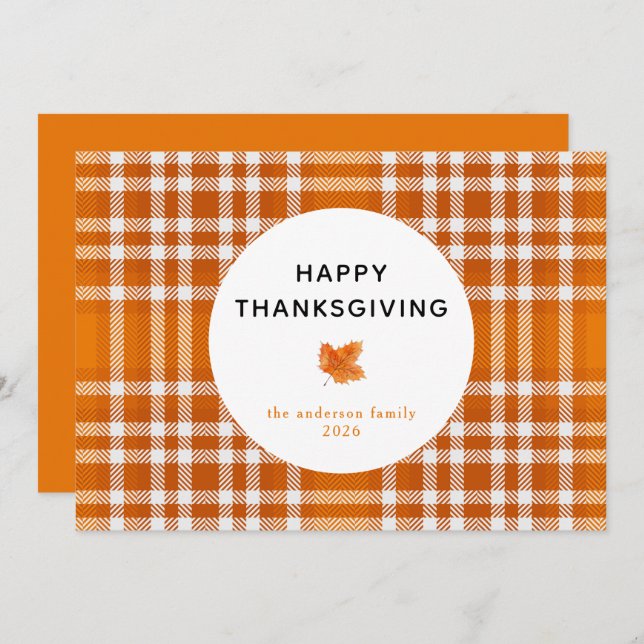 Cartes Pour Fêtes Annuelles Tartan Plaid | Bon thanksgiving Feuilles d'automne (Devant / Derrière)