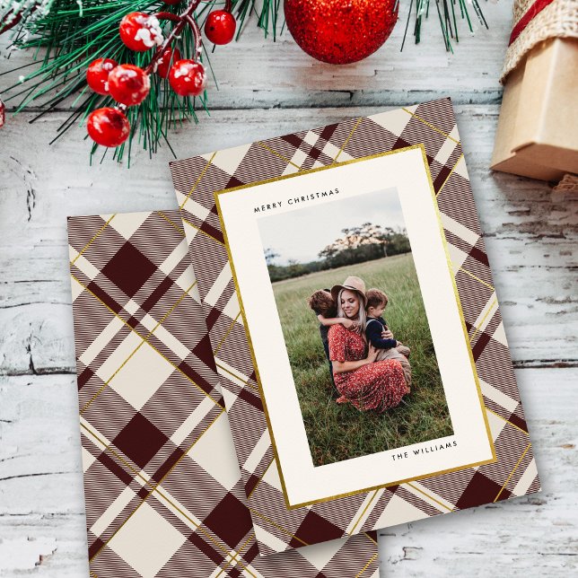 Cartes Pour Fêtes Annuelles Tartan rouge beige et foncé Joyeux Noël Photo (Créateur téléchargé)