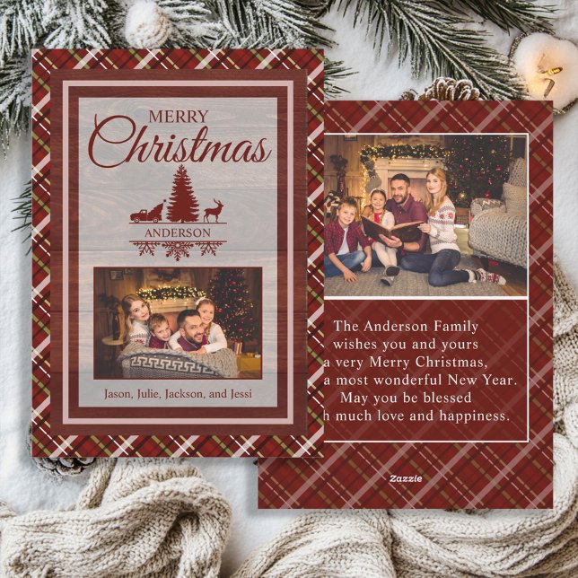 Cartes Pour Fêtes Annuelles Tartan vert rouge Plaid 2 Monogramme photo Noël (Rustic red and green plaid 2-photo "Merry Christmas" monogram greeting card)